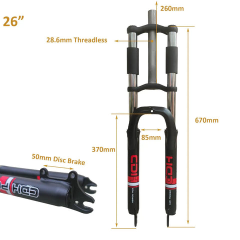 26 Inch Mountain Bike Suspension Fork With 1-1/8 Threadless Steerer Double Shoulder Triple Tree 28.6mm Black Disc Brake