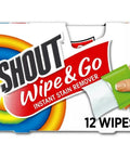 Shout Instant Stain Remover Wipes 12 Count, 5 By 6 Inch Towelettes packaging with hand holding a wipe.