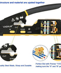 All In One Pass Through RJ45 Crimp Tool Kit With Wire Stripper And Cutter Heavy Duty Crimper For 8P RJ45 Cat5 Cat5e Cat6 Cat6a 6P RJ11 RJ12 Telephone Connectors Network Ethernet Crimping Set For DIY Friendly Pro Installs, showing detailed features and structure.