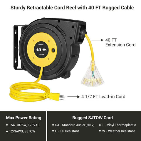 40 Ft Retractable Extension Cord Reel With A Heavy Duty SJTOW Cable Triple Outlets And 15A Breaker Wall Or Ceiling Mount