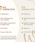 Comparison of PVC and POF shrink films with features, use tips, and textures for Heavy Duty Odorless PVC Heat Shrink Wrap Film Roll.