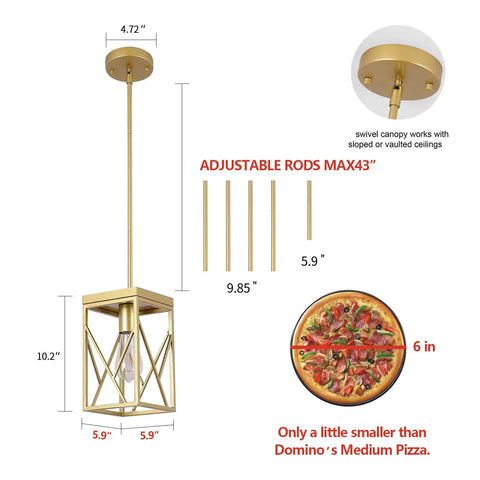 Modern Gold Pendant Light With Metal Cage One Light Adjustable Rods Mini Pendant Fixture size comparison with pizza