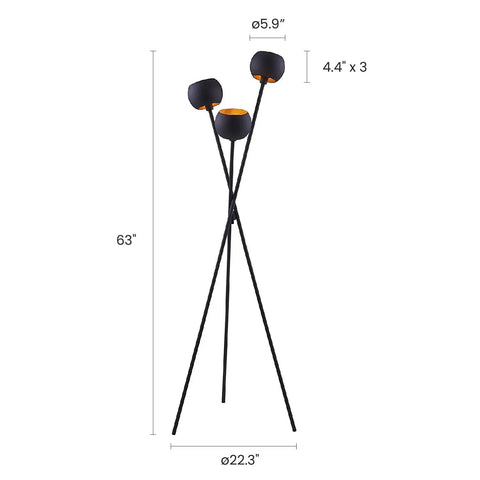 Tripod Floor Lamp In Matte Black With Three Globe Heads And Intertwining Legs Dope Mid Century Style, 63 Inches Tall