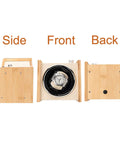 Wooden Dope Watch Winder Box For Automatic Watches, dual power supply, front, side, and back view, holding a watch