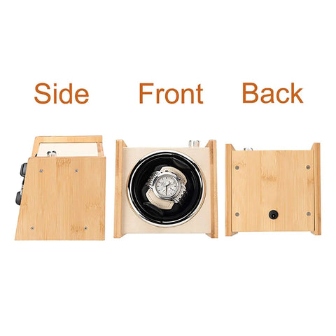 Wooden Dope Watch Winder Box For Automatic Watches, dual power supply, front, side, and back view, holding a watch