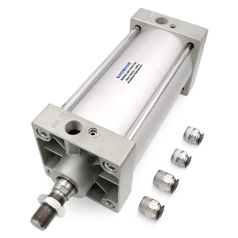 Pneumatic Air Cylinder 100mm Bore 150mm Stroke Double Acting Single Rod M20 By 1.5 Threaded Rod Port One Half Inch Includes Four Push In Fittings