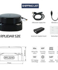 2D LiDAR Sensor S2E 360 Degree Scan 30 Meter Range Ethernet UDP Interface with accessories like cables and adapter