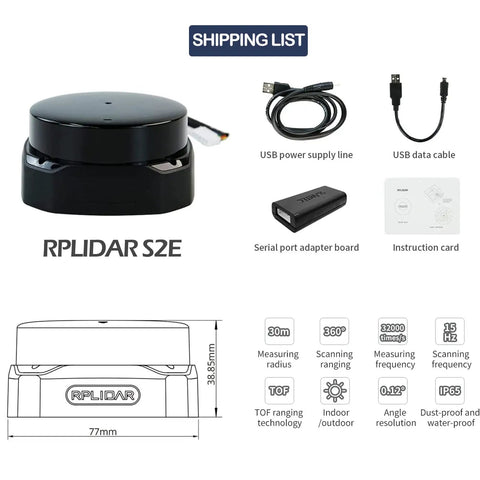 2D LiDAR Sensor S2E 360 Degree Scan 30 Meter Range Ethernet UDP Interface with accessories like cables and adapter