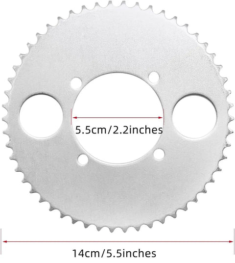 54 Tooth Rear Drive Sprocket With 116 Link Chain Kit showing dimensions for 47cc 49cc pocket bike, ATV, mini moto