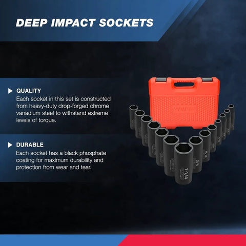 Heavy Duty One Half Inch Impact Socket Set, Fourteen Piece Six Point, SAE Sizes Three Eighths Inch To One Quarter Inch, Deep Sockets, Cr-V Steel, Half Inch Drive, Built For Tough Auto Repairs with red storage case.