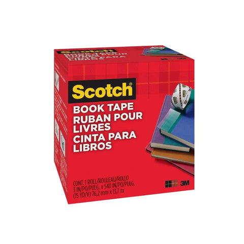 Clear Book Tape 3 Inch By 540 Inch, Heavy Duty Permanent Adhesive box with images of stacked books on the packaging.