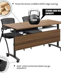 Smooth Rolling Folding Conference Table With Heavy Duty Casters Quick Collapsible Meeting Desk For Corporate Training features 25mm thick top, 220 lbs capacity.