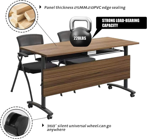 Smooth Rolling Folding Conference Table With Heavy Duty Casters Quick Collapsible Meeting Desk For Corporate Training features 25mm thick top, 220 lbs capacity.