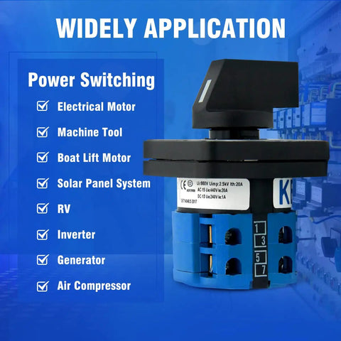 Industrial Rotary Changeover Switch, 5 positions, 2 poles, 660V 20A with flame-retardant PC housing and copper contacts for power applications.