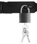 Rock Solid Five Inch Black Stainless Steel Padlock Hasp Door Latch Lock Built Different With Sleek Polish showing padlock and keys.