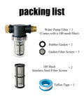 Two Pack 100 Mesh Water Pump Filter With Three Quarter Inch Quick Connect Interface And Dual Stainless Steel Screens packing list