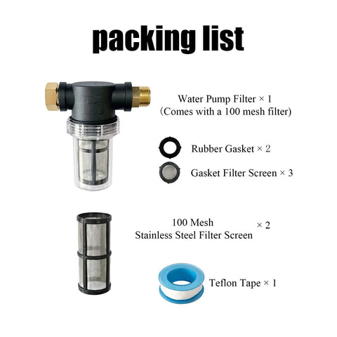 Two Pack 100 Mesh Water Pump Filter With Three Quarter Inch Quick Connect Interface And Dual Stainless Steel Screens packing list