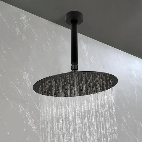 10-Inch Ceiling-Mount Rain Head from Shower System in Matte Black, featuring a rainfall shower experience with water flow.