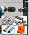 DGQ Heavy Duty Pipe Threading Tool Set With Three Piece Integrated Internal And External Thread Cutter Kit For One Half Inch Three Quarter Inch And One Inch Pvc Plastic Pipes Compatible With Electric Drill, showing compatibility with various pipe types.