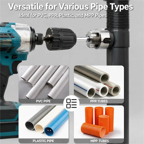 DGQ Heavy Duty Pipe Threading Tool Set With Three Piece Integrated Internal And External Thread Cutter Kit For One Half Inch Three Quarter Inch And One Inch Pvc Plastic Pipes Compatible With Electric Drill, showing compatibility with various pipe types.