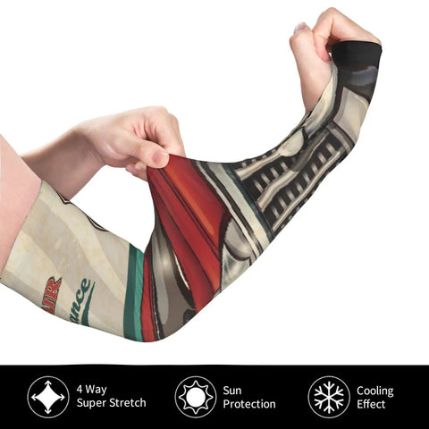 Fresh Retro Garage Mechanic Arm Sleeves With Thumb Holes UPF Sun Block Super Lightweight Cooling Wrap shown being pulled on arm.