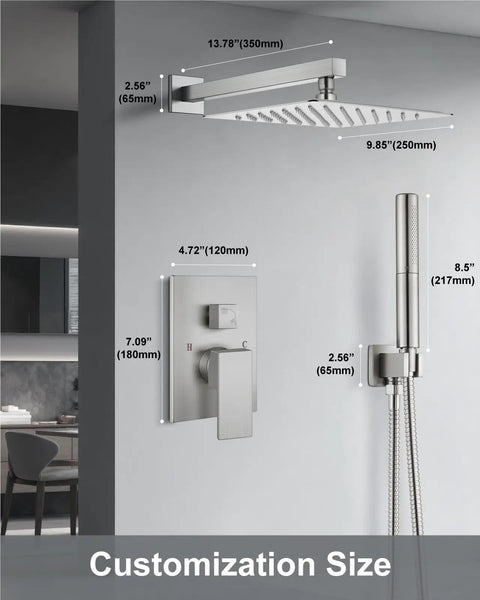 High Pressure Shower System With 2 In 1 Handheld Sprayer Wall Mounted Fixture Rough In Valve 10 Inch Brushed Nickel Shower Head rain and handheld combo showing dimensions