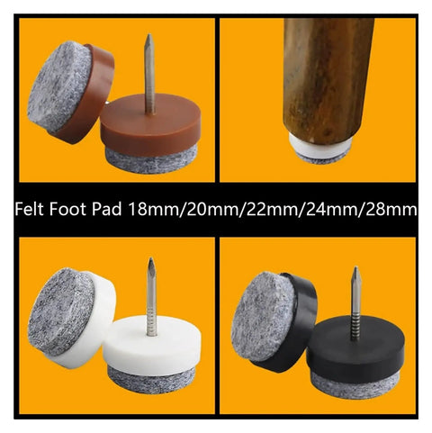 No Fuss Chair Leg Floor Protectors 30 Pack Adjustable Furniture Glides With Thick Felt Caps And Screw Levelers To Guard Hardwood Floors From Scratches While Keeping Setup A Dead Cinch Brown 28Mm felt foot pads of various sizes and colors, showing adjustable options.