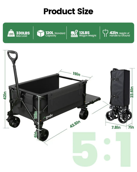 Foldable Wagon Cart With Tailgate And 42 Inch Extended Handle For Easy Pull Heavy Duty 330 Lbs Capacity Utility Wagon dimensions