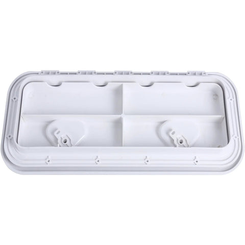 Amarine Made boat hatch lid, marine-grade white plastic, 24 by 9-5/8 inches, interior latch fittings visible