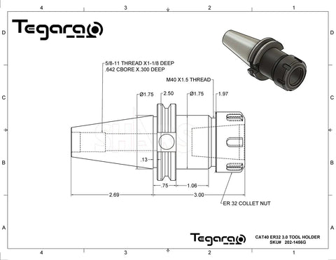 Technical drawing and image of CAT40 ER32 3.0 Inch Collet Chuck Kit with 5/8x11 UNC Drawbar, highlighting dimensions and design.