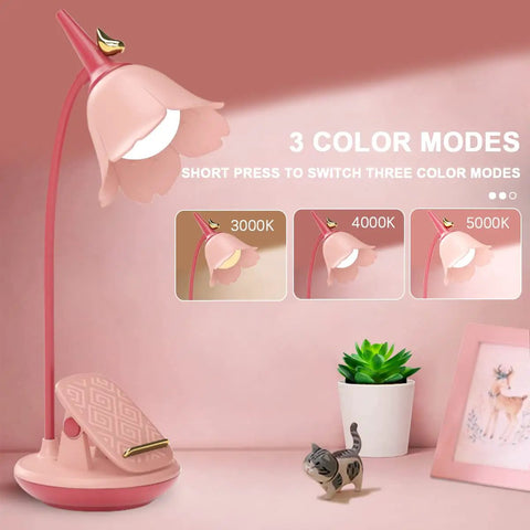 Pink Clip On Desk Lamp With Clamp, Rechargeable LED Light, Adjustable Gooseneck, Dimmable Stepless Dimmer, Cute Flower Design
