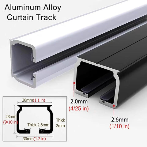 Heavy Duty Aluminum Sliding Barn Door Track System Five Feet Long showing profile and dimensions of black and white tracks.