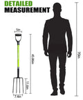 Heavy Duty Garden Fork With Four Tines, 45 Inch Pitchfork For Yard Work dimensions next to human silhouette