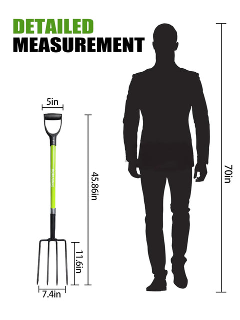 Heavy Duty Garden Fork With Four Tines, 45 Inch Pitchfork For Yard Work dimensions next to human silhouette