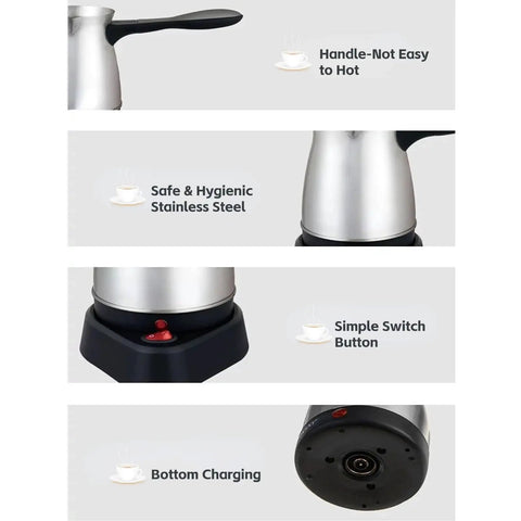 Electric 600ml Do It All Coffee Pot With Stainless Steel Kettle And Ergonomic Handle For Home Use, features and details visible