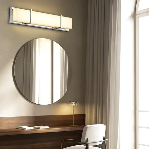 27 Inch LED Vanity Light Fixture Dimmable 28W Glass Modern Bathroom Lighting Over Mirror Wall Mount Silver Finish Warm White 3000K Sleek Energy Efficient Easy Install Contemporary Glass Shade