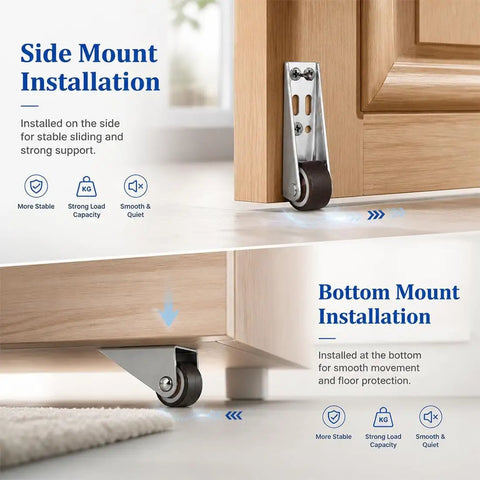 High-Performance Heavy Duty Vertical Track Roller Wheels, 110 Pounds Sliding Bottom Rubber Pulley shown in side and bottom mount installation.
