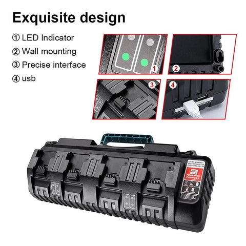 N18 Four Port Fast Charger for Milwaukee M18 18V Li Ion Batteries showing design features and LED indicator