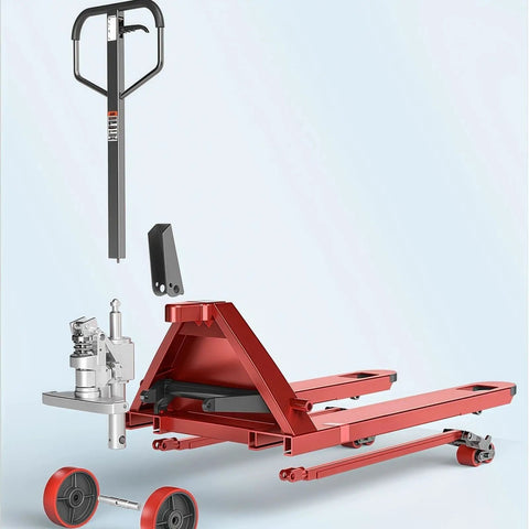 Heavy Duty Manual Hydraulic Pallet Truck With Push Rod Height Control And Adjustable Fork Height And Dual Wheel Linkage For Easy Pallet Lifting And Loading Dock Moves For Heavy Loads On Busy Loading Docks And Warehouses, red steel