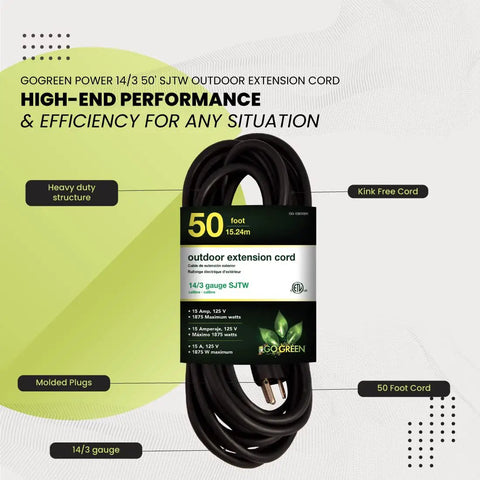 Heavy Duty 50 Foot Outdoor Extension Cord 14 Gauge 3 Conductor SJTW Black For Tools And Equipment with product features