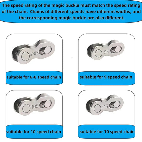 All In One Bike Chain Repair Kit With chain links for 6-8, 9, 10, and 11 speed chains, showing compatibility details.