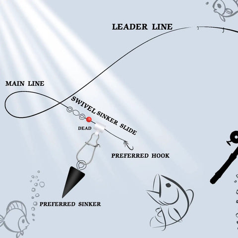 Diagram showing a swivel sinker slide setup with labels for leader line, main line, preferred hook, and sinker.