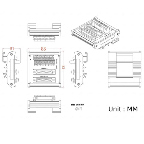Technical drawing of DB25 D Sub Male And Female Header Breakout Board with Screw Terminal Block for DIN Rail Mount, dimensions in mm.