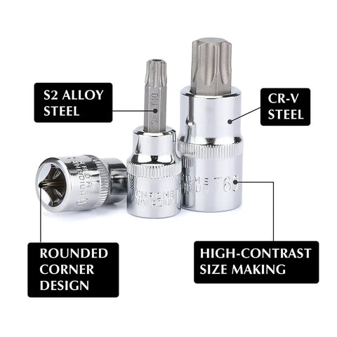 Ultimate 107 Piece Bit Socket Set With One Quarter Inch, One Eighth Inch, And One Half Inch Drive Hex Tamper Proof Torx Long Ball End Sockets, S2 Alloy Steel Bits Plus Chrome Vanadium Base, SAE And Metric Sizes For Pros