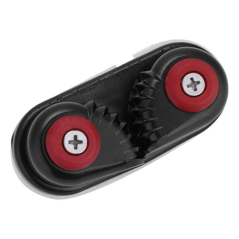 Cam cleat rope clutch, aluminum body, black with red end caps; close-up view for 4–6mm rope.