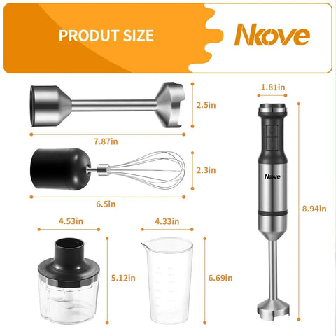 Workhorse 800 Watt Corded Handheld Stick Blender With Five Piece Kitchen Bundle showing sizes of components and utensils.