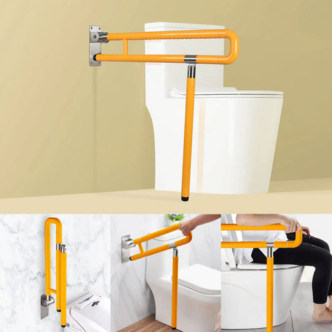 Heavy Duty Foldable Toilet Grab Bar With Flip Up Bathroom Safety Rail Non Slip Shower Support Handle Heavy Lifter Core No Sweat Grip Reliable Ride For Seniors And Mobility Users, yellow rail mounted next to toilet