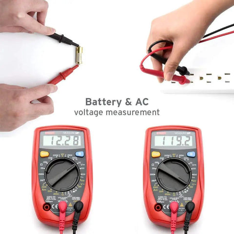 Must Have Digital Multimeter For Home And Auto Use, AC DC Voltage Tester With Continuity, Resistance, Diode Test, Amp And Ohm Meter, Two Built In Ceramic Fuses, Red MSR R500 measuring battery and outlet voltage