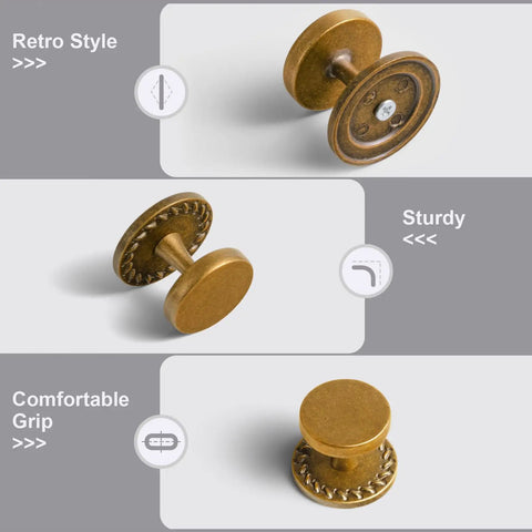 Close-up of Six Pack Antique Brass Cabinet Knobs With Backplates in Zinc Alloy, Weathered Round Flowcrest Style Hardware.