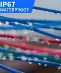Close-up of IP67 waterproof connector from 131 Piece Solder Seal Wire Connector Kit With Heat Shrink Waterproof Butt Connectors And Insulated Terminals For Marine Automotive Boat And Truck Wiring, highlighting seals on colorful wires with water droplets.
